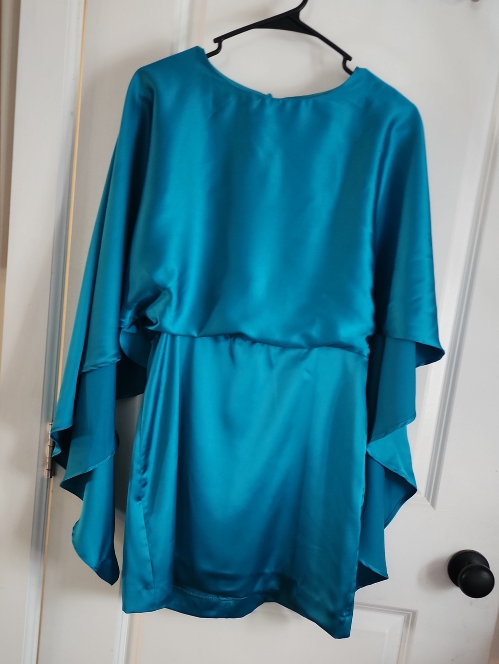 Zara Teal Satin Tunic with Draped Flutter Sleeves